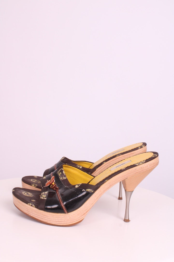 Prada Floral Wooden Heel Brown / Yellow 39.5
