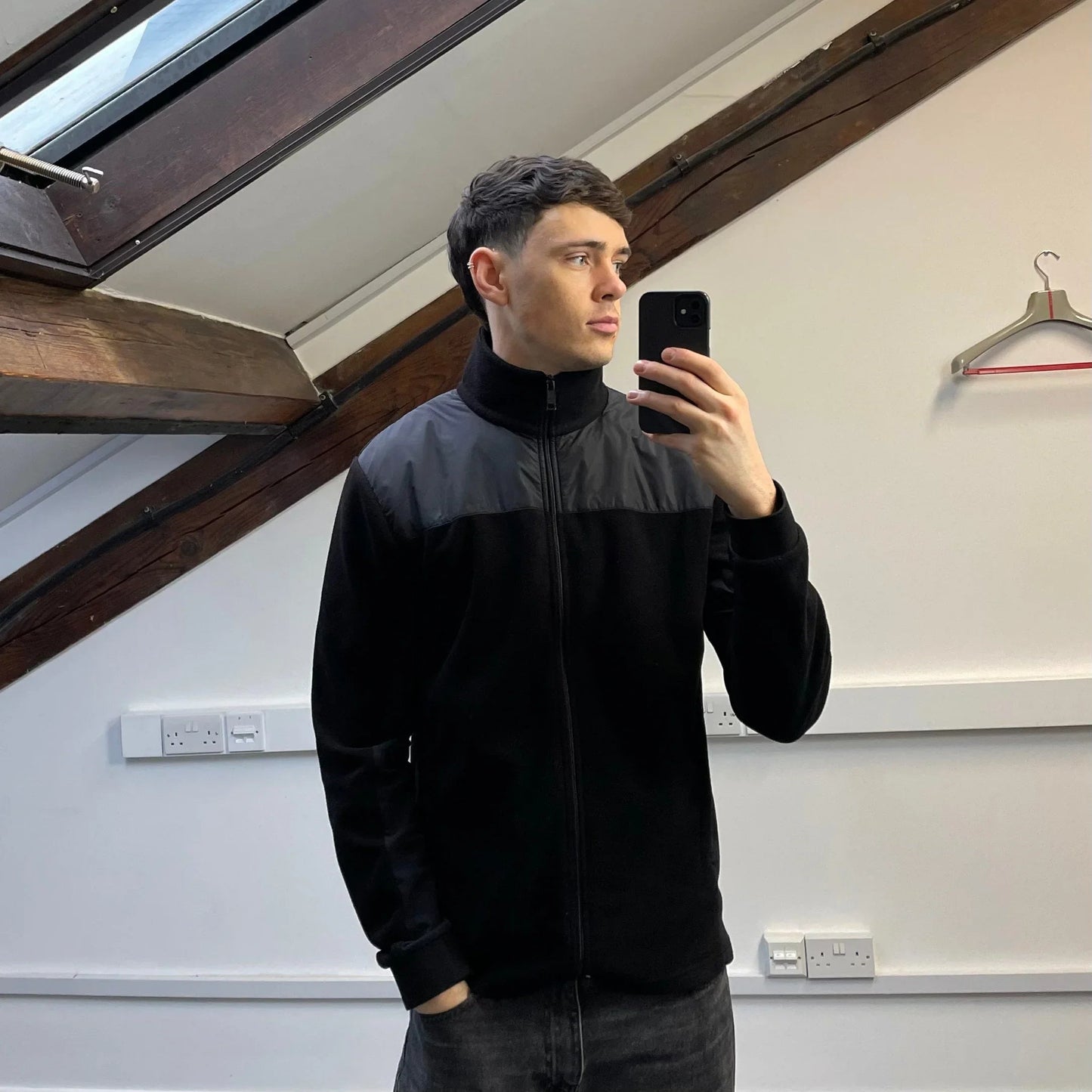 Prada Sport Black 2014 Nylon Shoulder Panel Fleece Jacket