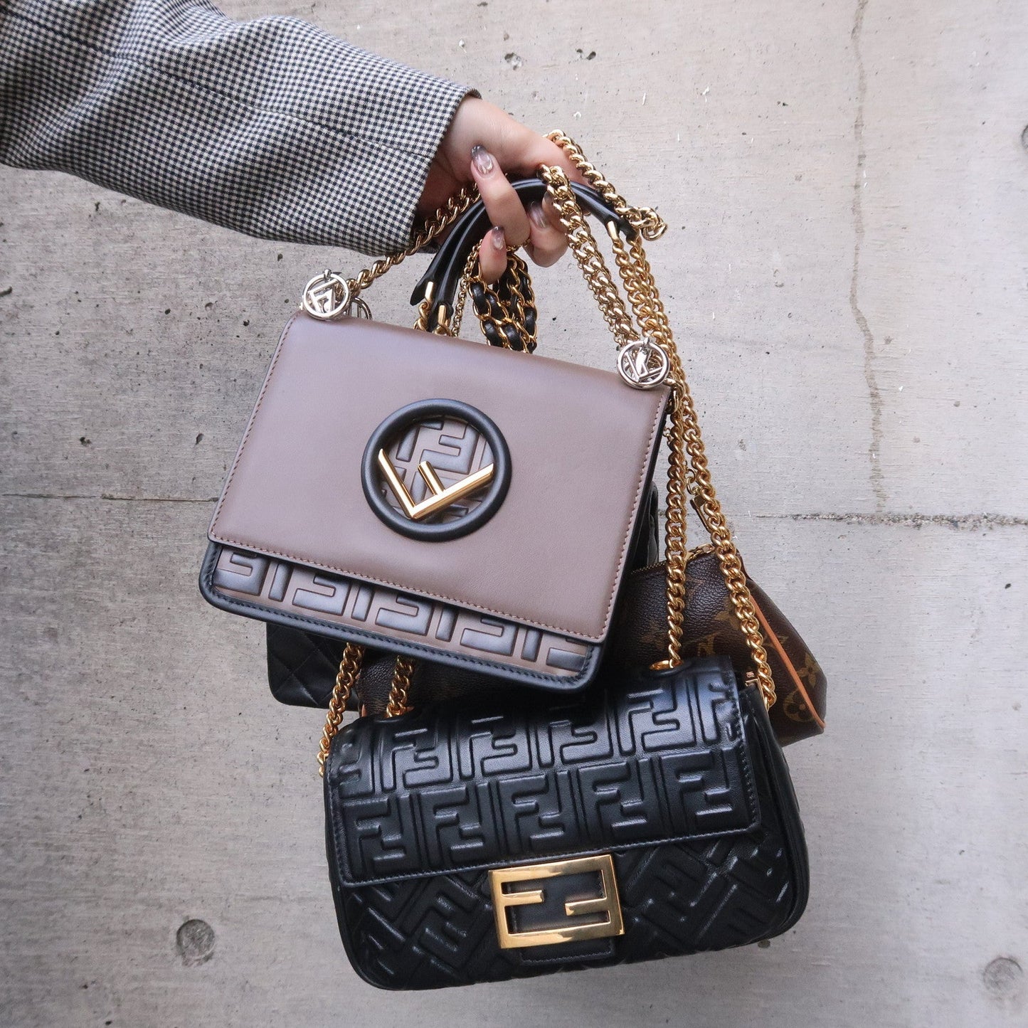 FENDI Mini Kan I F Leather Chain Shoulder Bag Black Brown 8BT286