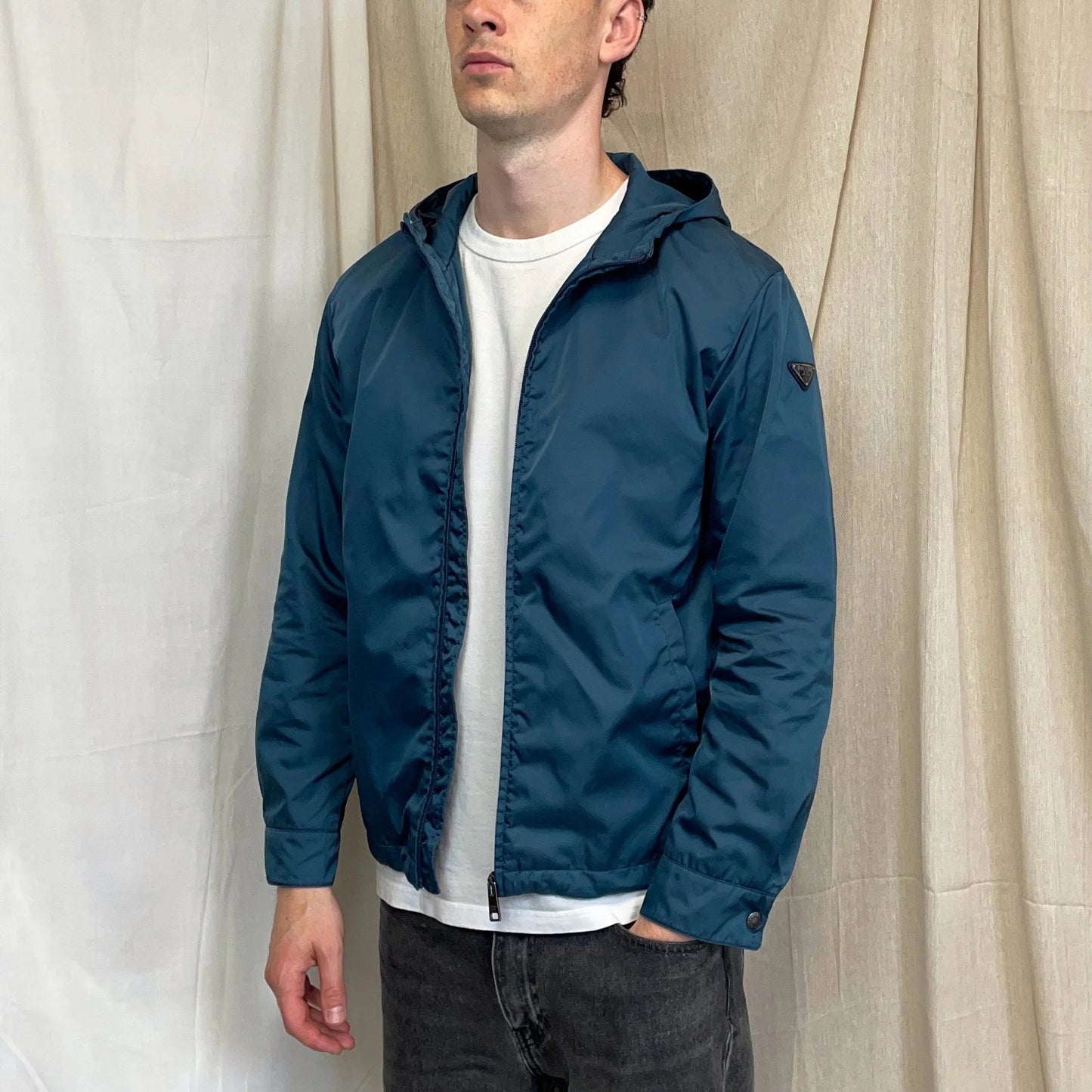 Prada Mainline Teal Blue 2014 Nylon Hooded Plaque Jacket