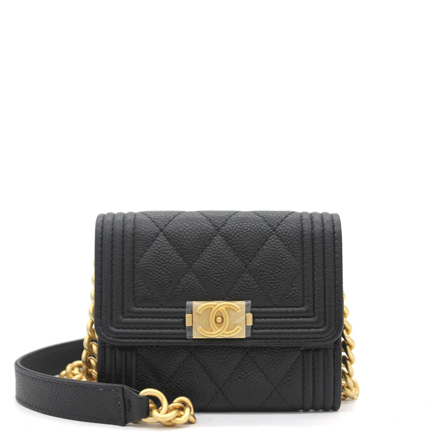 Chanel Black Caviar Leather Boy Card Holder with Chain