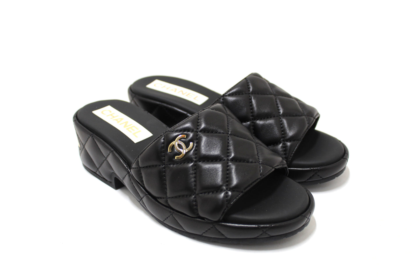 Chanel Black Quilted Lambskin Leather Platform Slide Size