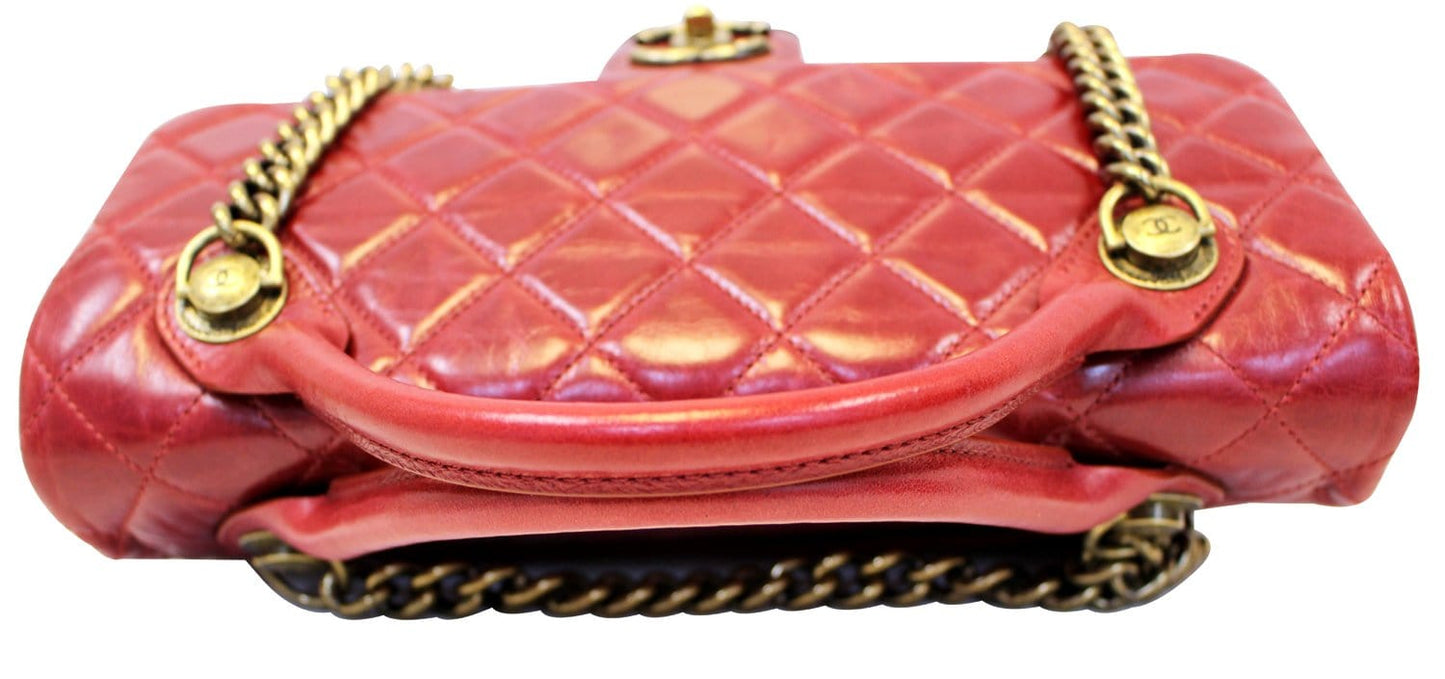 CHANEL Red Quilted Glazed  Leather Large Castle Rock Top Handle Bag