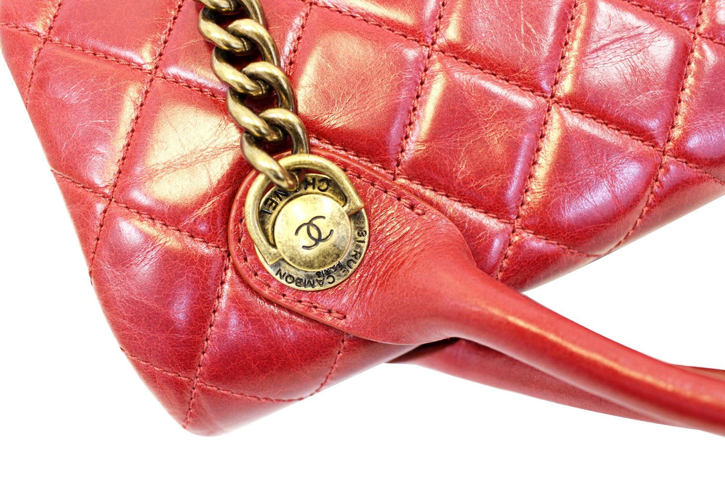 CHANEL Red Quilted Glazed  Leather Large Castle Rock Top Handle Bag