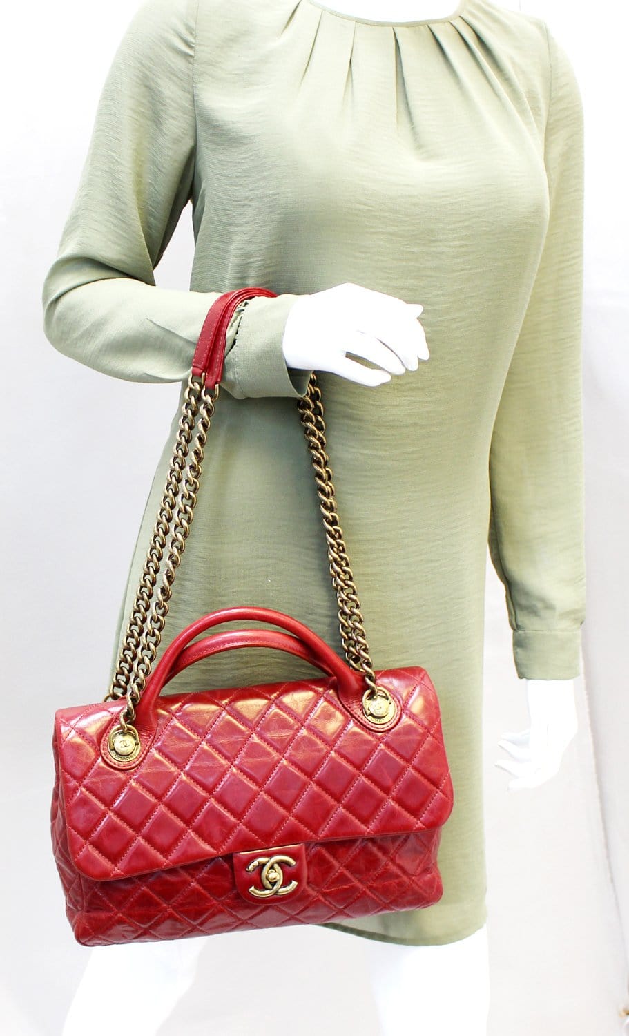 CHANEL Red Quilted Glazed  Leather Large Castle Rock Top Handle Bag