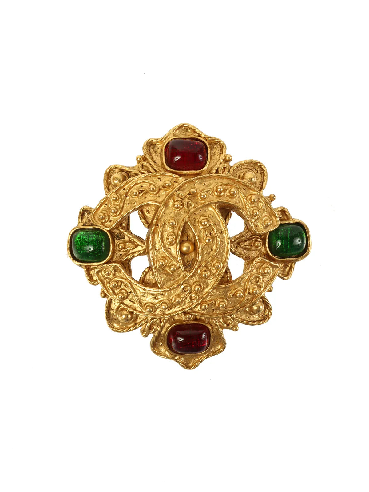 CHANEL 1994 Made Gripoix Design Cutout Cc Mark Brooch Gold/Red/Green