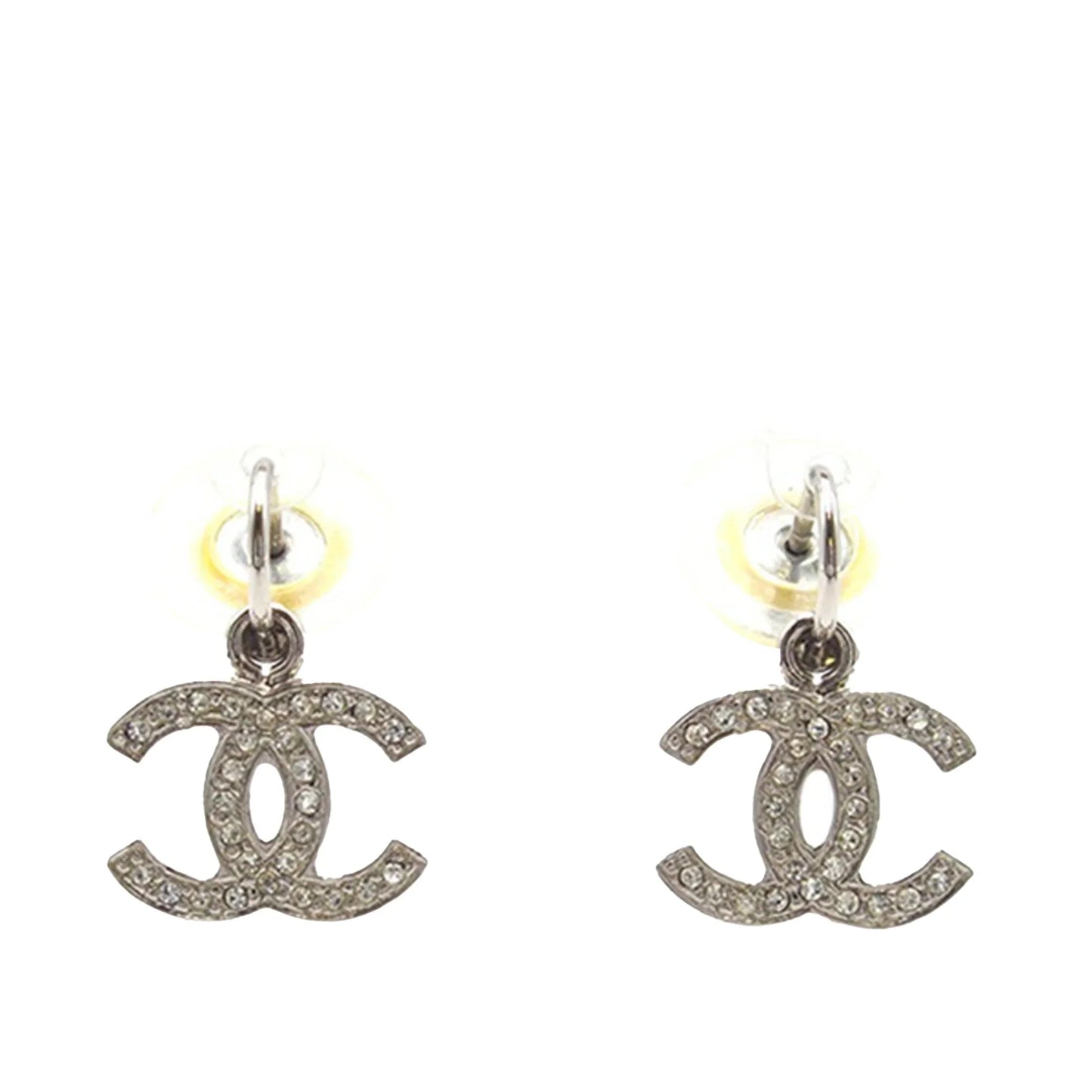 Silver Chanel Silver Plated Crystal CC Drop Push Back Earrings