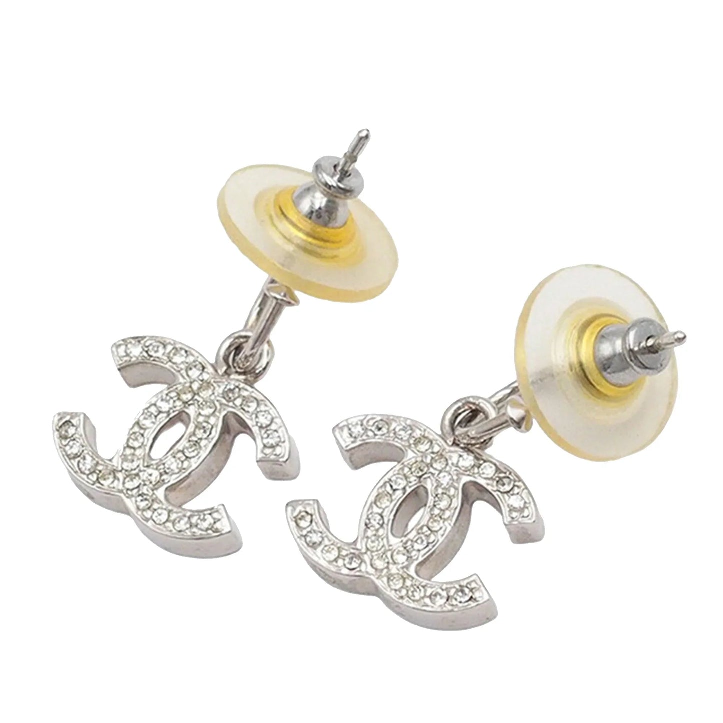 Silver Chanel Silver Plated Crystal CC Drop Push Back Earrings