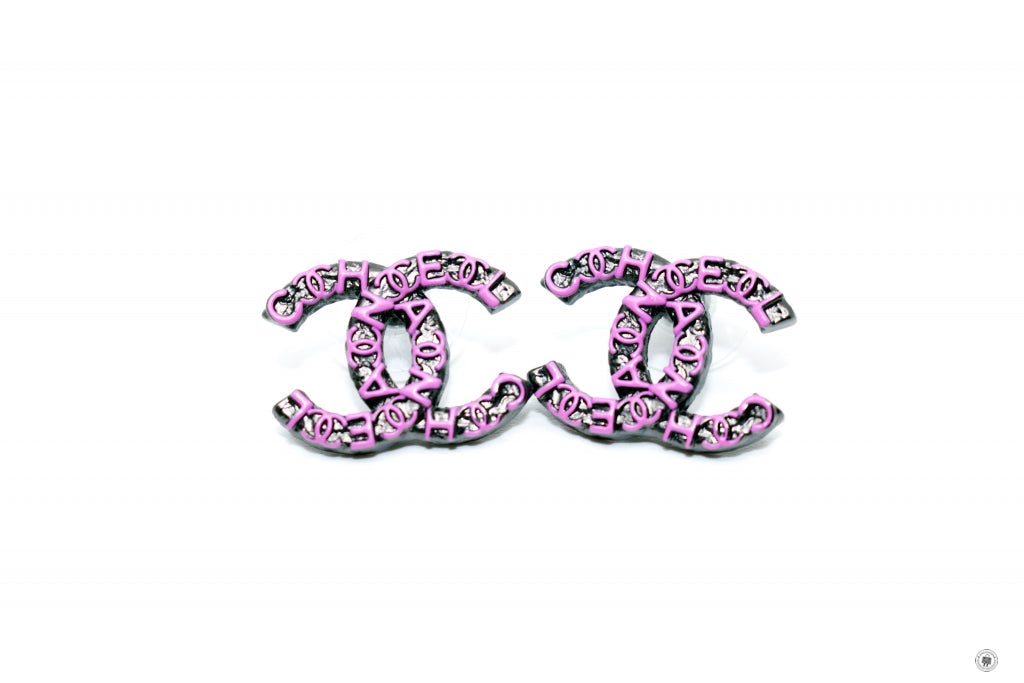 Chanel ABB CC Logo &amp; Wordings Gunmetal &amp; Pink Metal CMXCM Earrings Bkhw