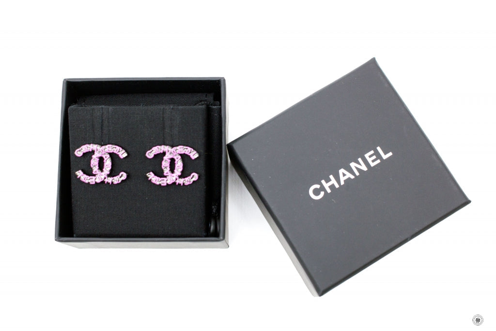 Chanel ABB CC Logo &amp; Wordings Gunmetal &amp; Pink Metal CMXCM Earrings Bkhw