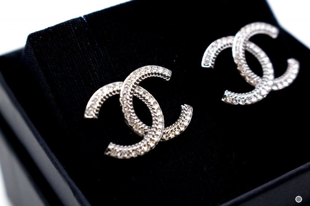 Chanel AB B CC Logo With Crystals  Gunmetal Metal CMX.CM Earrings Bkhw