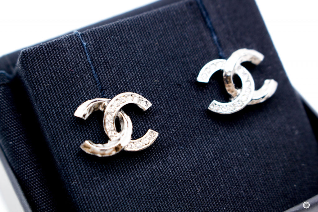Chanel AB B CC Logo With Crystals  Gunmetal / NF Metal Earrings Bkhw