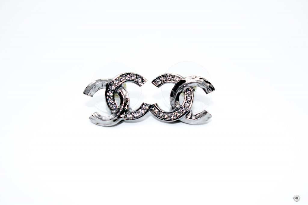 Chanel AB B CC Logo With Crystals  Gunmetal / NF Metal Earrings Bkhw