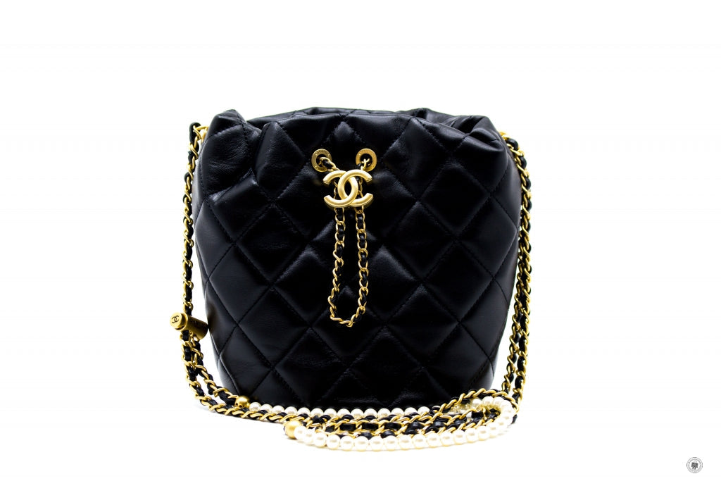 Chanel ASB Bucket Bag With Imitation Pearls Black /  Lambskin Shoulder Bags Gbhw