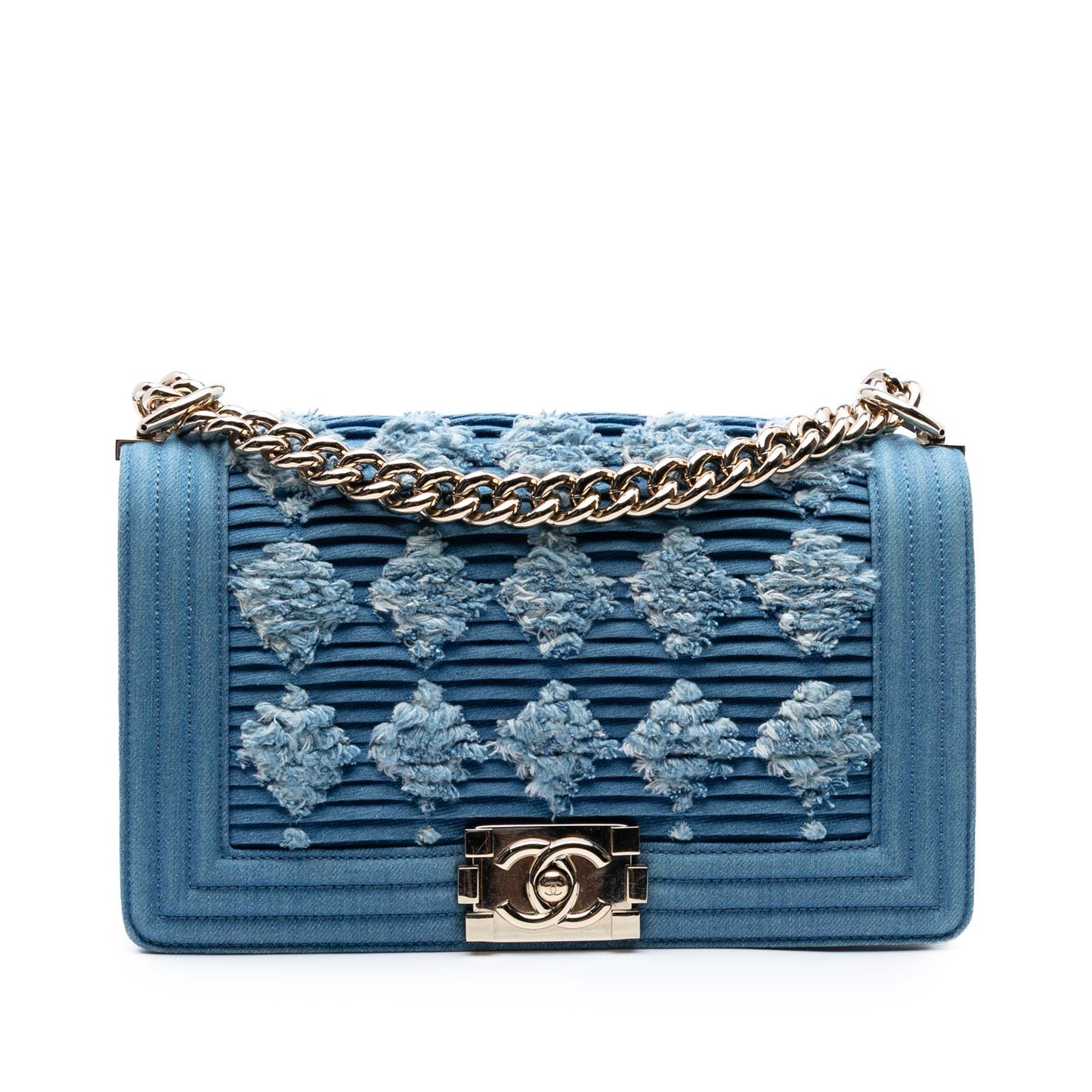Blue Chanel Old Medium Pleated Denim Boy Flap Crossbody Bag