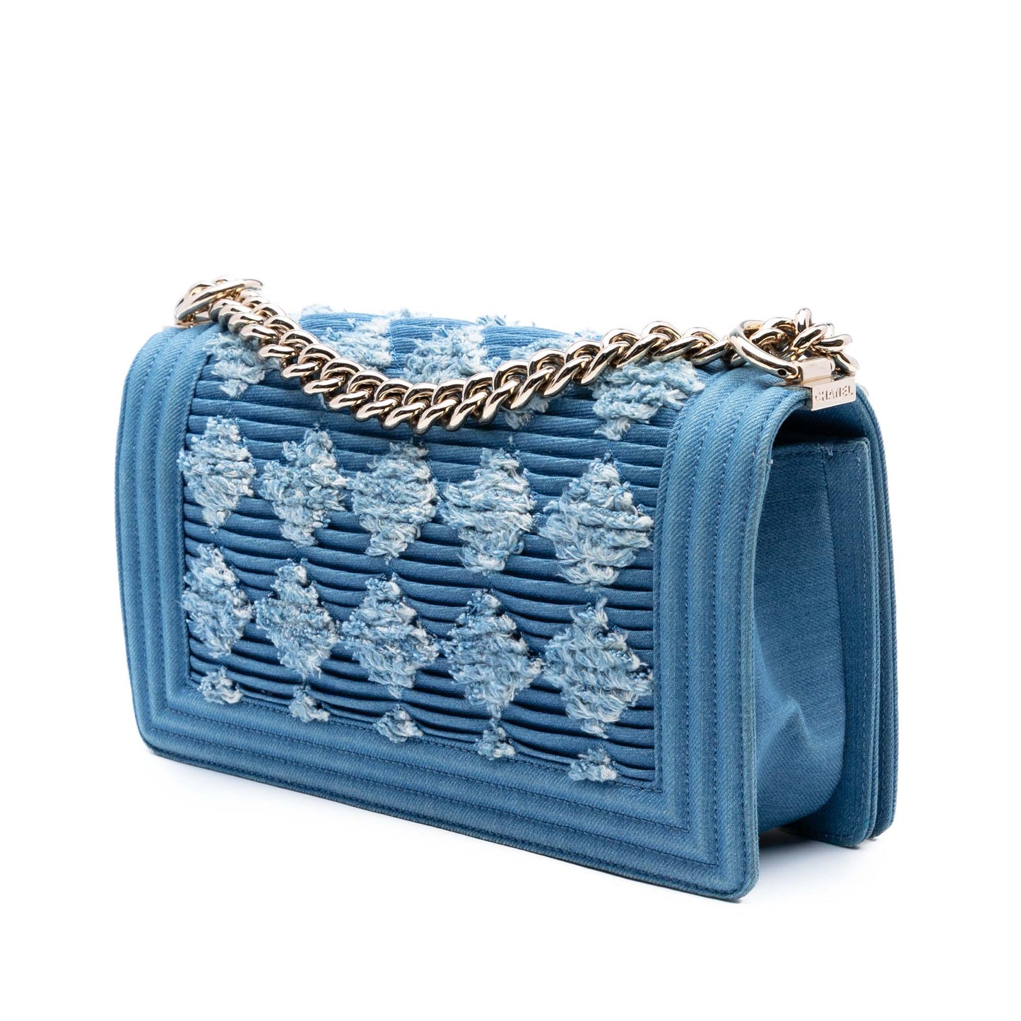 Blue Chanel Old Medium Pleated Denim Boy Flap Crossbody Bag