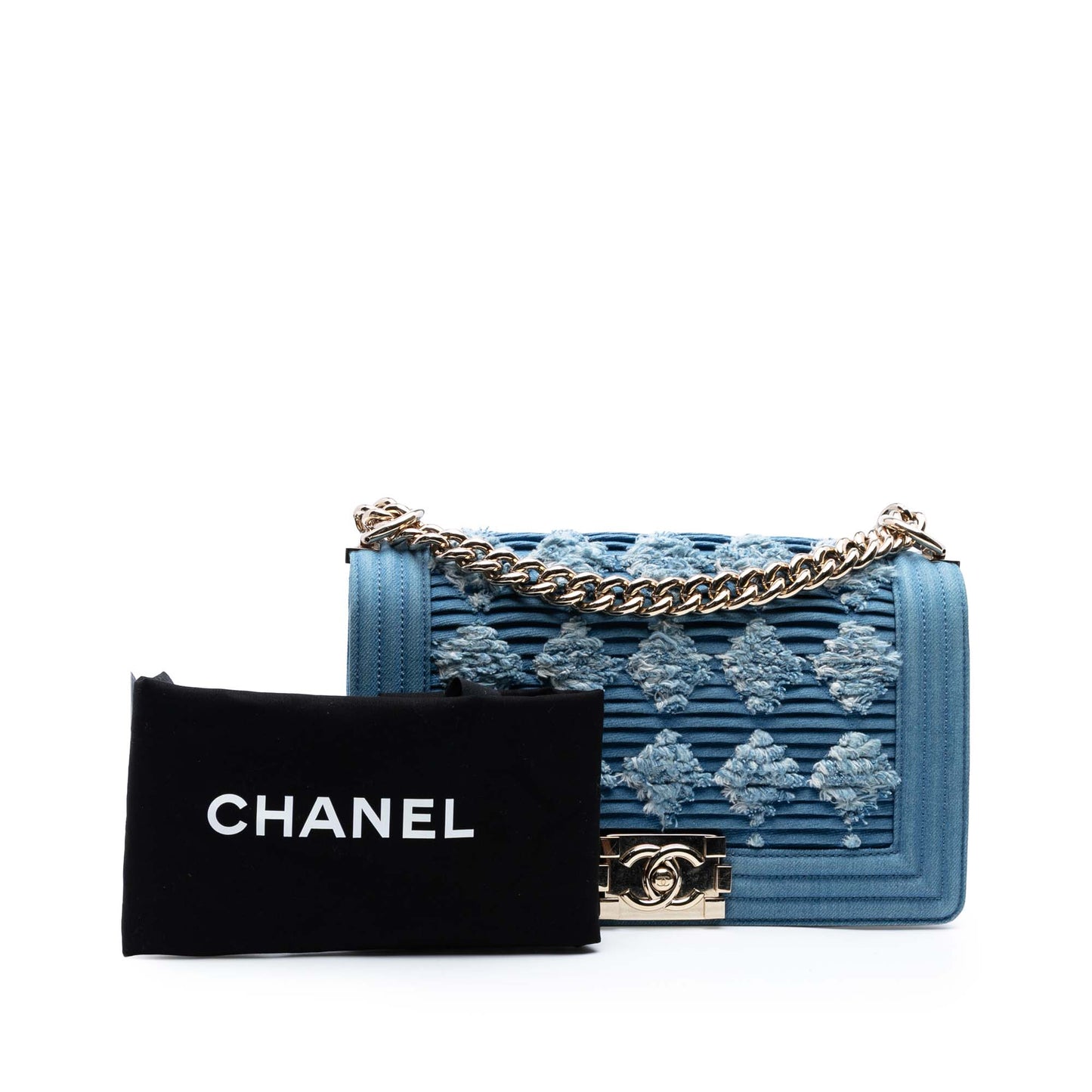 Blue Chanel Old Medium Pleated Denim Boy Flap Crossbody Bag