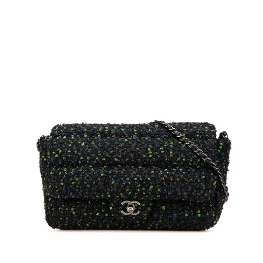 Black Chanel CC Tweed Flap Shoulder Bag