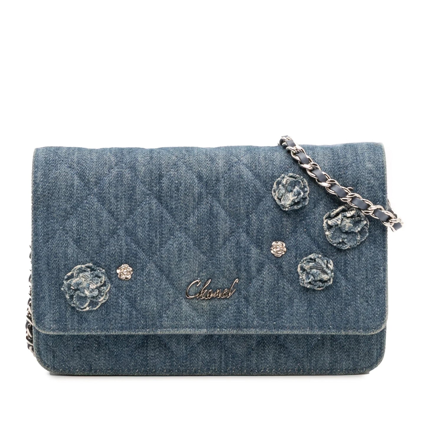Blue Chanel Quilted Denim Camellia Wallet On Chain Denim Crossbody Bag