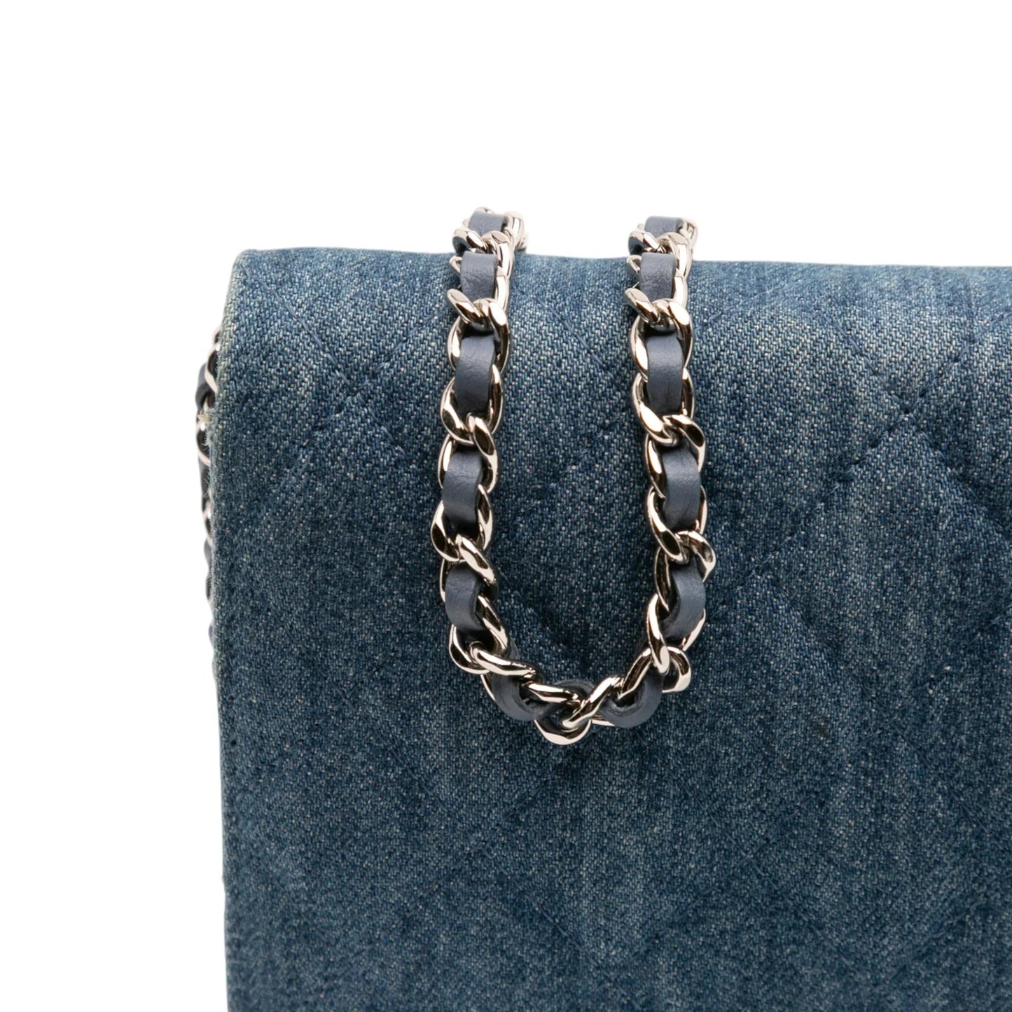 Blue Chanel Quilted Denim Camellia Wallet On Chain Denim Crossbody Bag