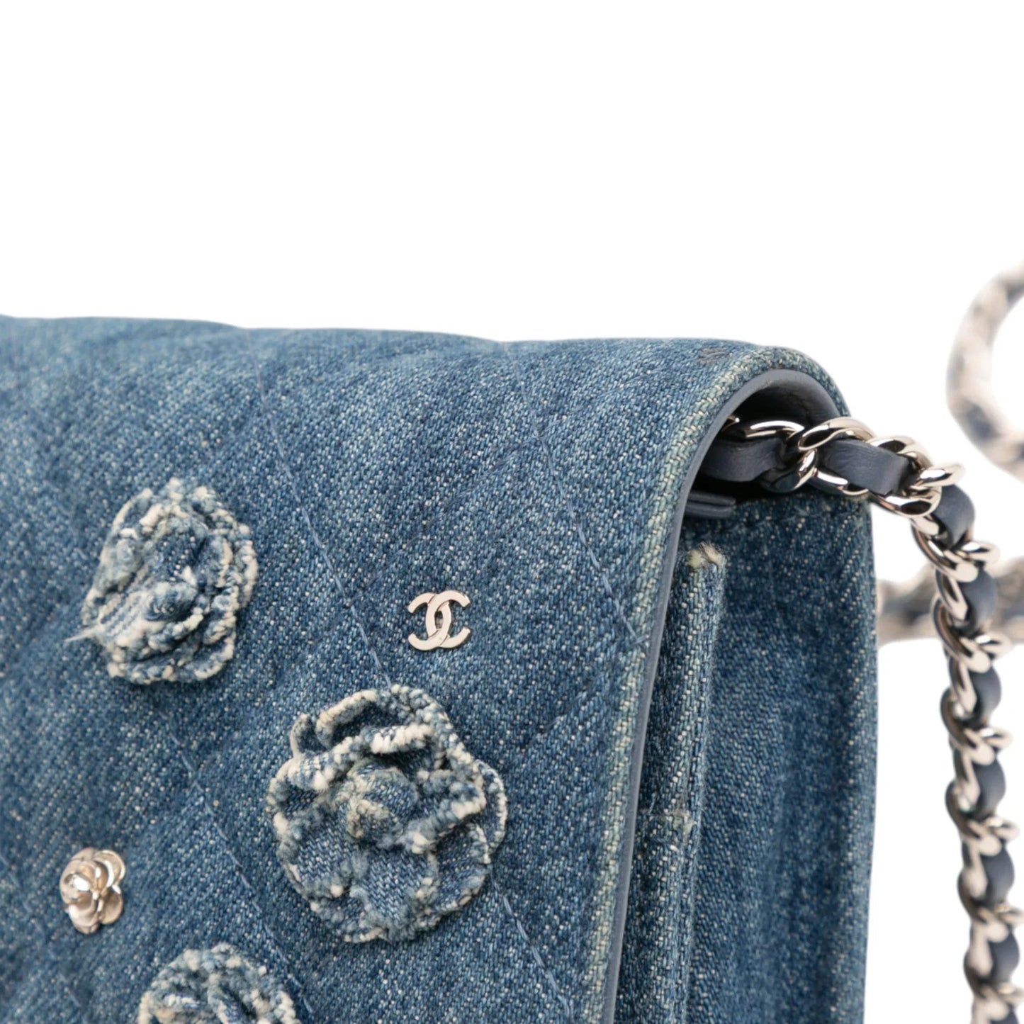 Blue Chanel Quilted Denim Camellia Wallet On Chain Denim Crossbody Bag