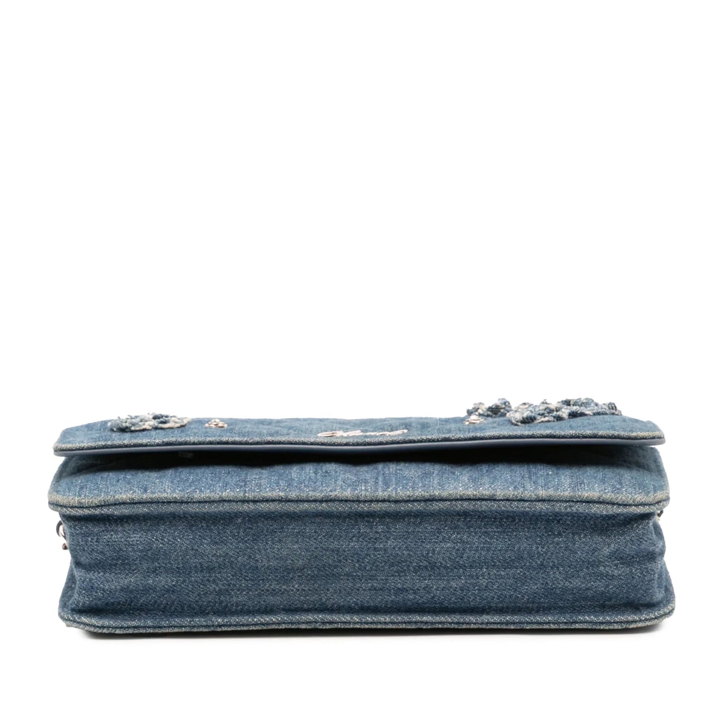 Blue Chanel Quilted Denim Camellia Wallet On Chain Denim Crossbody Bag