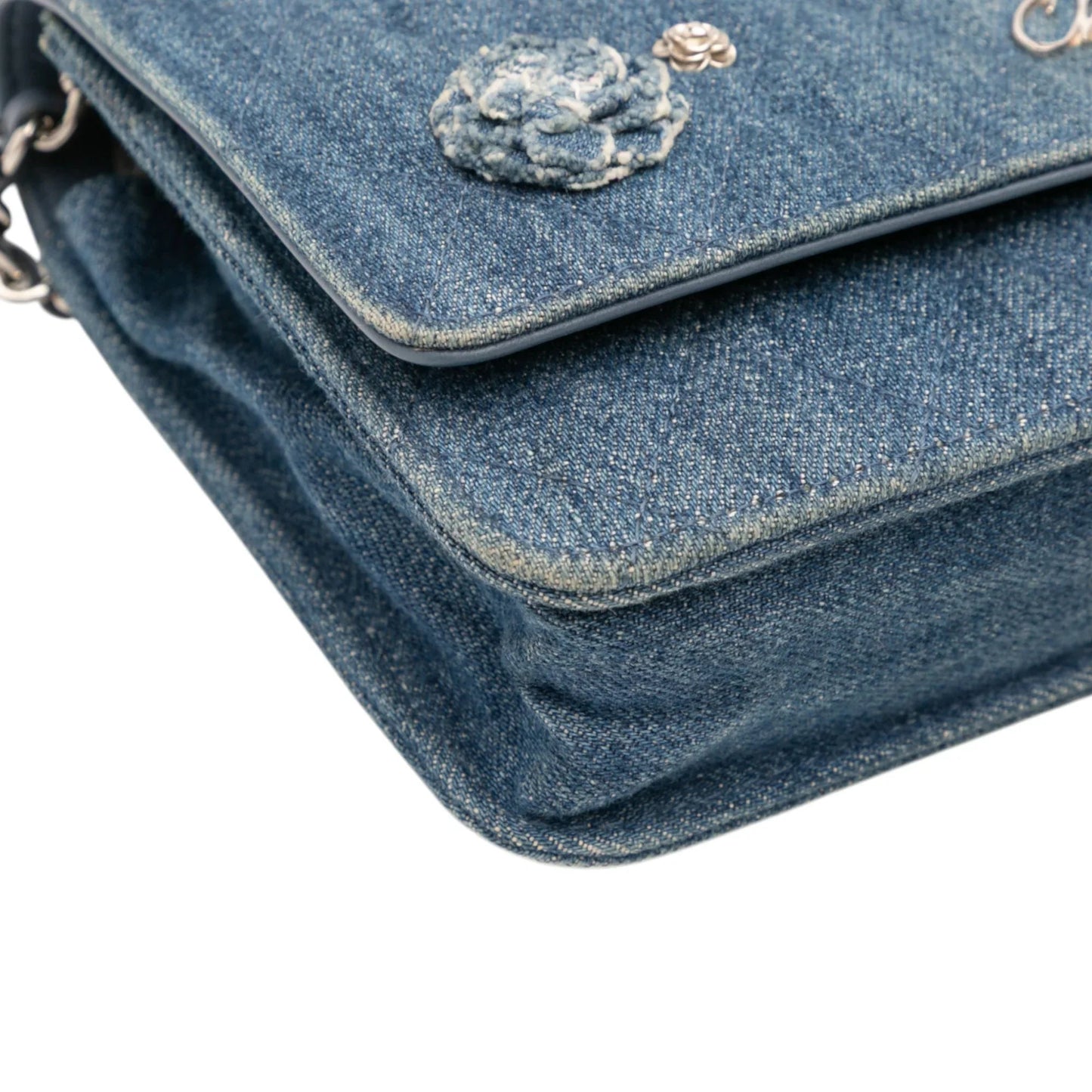 Blue Chanel Quilted Denim Camellia Wallet On Chain Denim Crossbody Bag