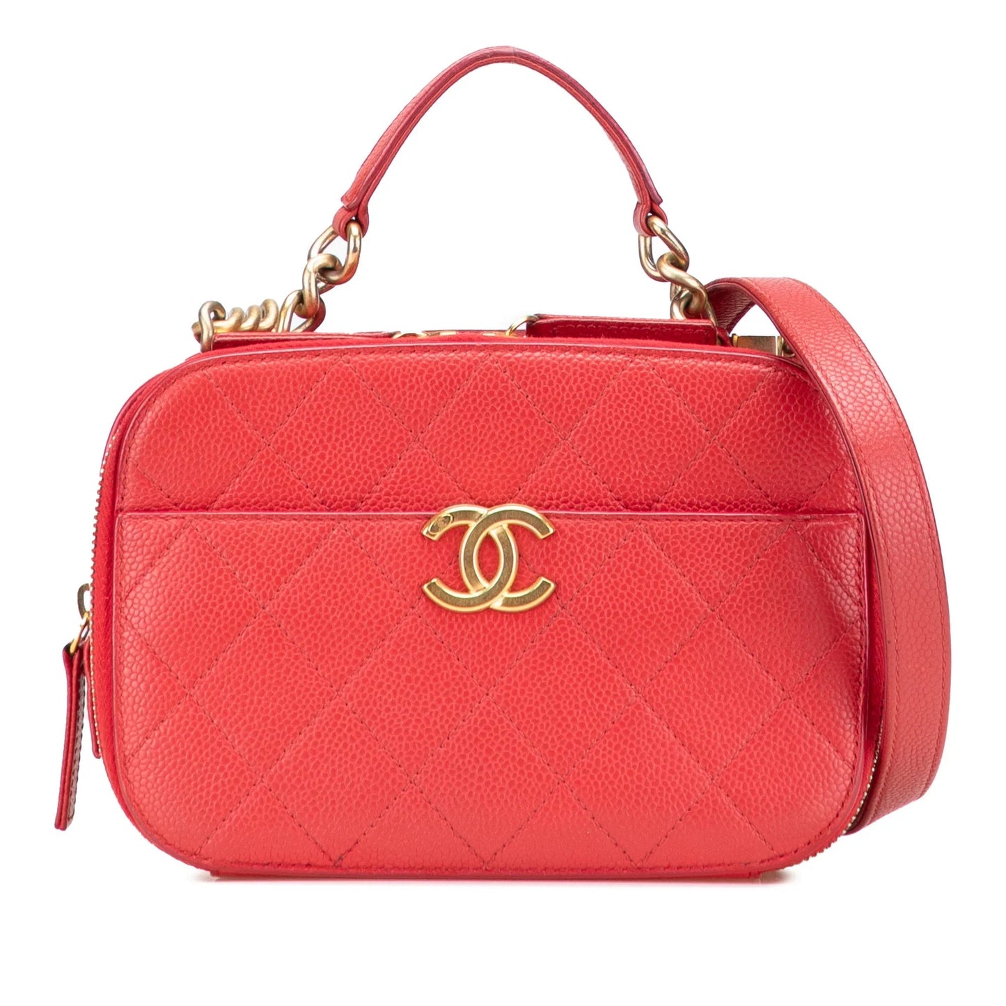 Red Chanel Small Quilted Caviar Top Handle Camera Bag Satchel
