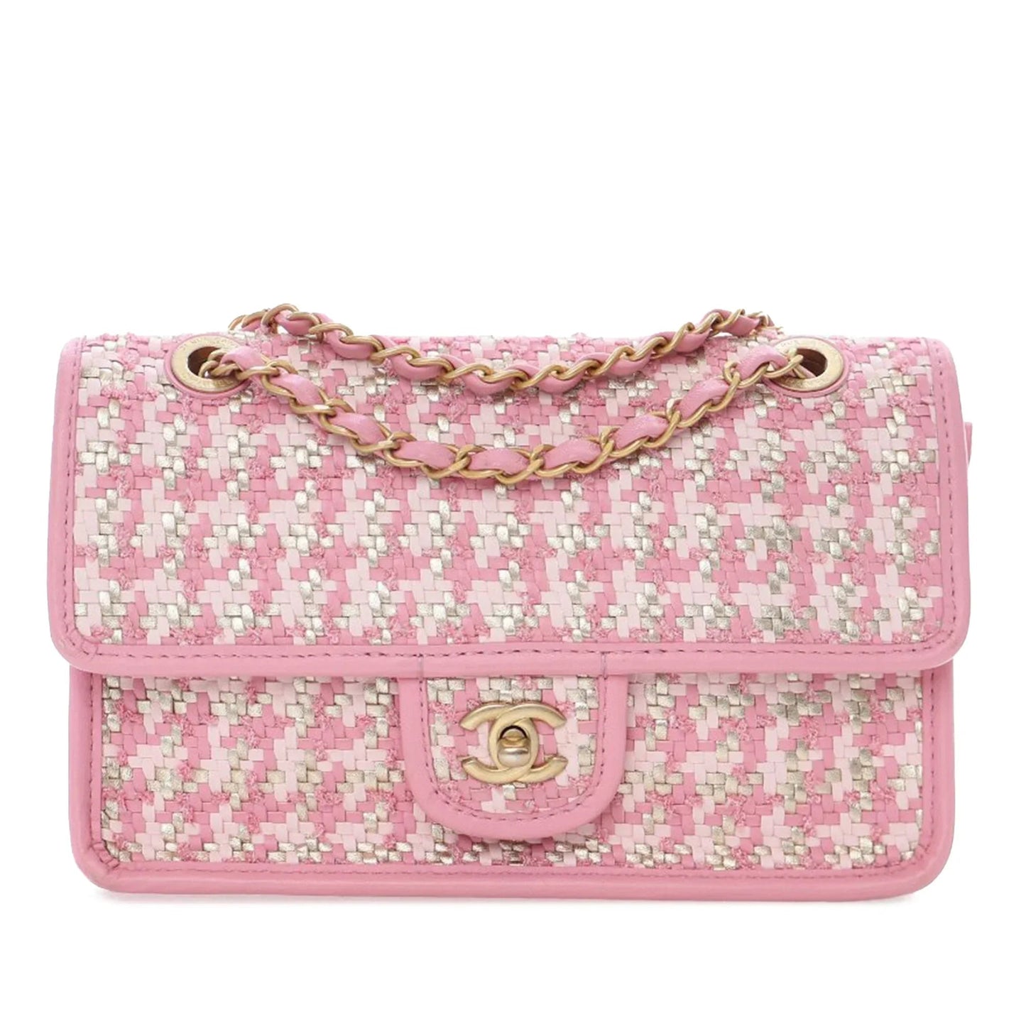 Pink Chanel Small Woven Lambskin and Viscose Single Flap Shoulder Bag