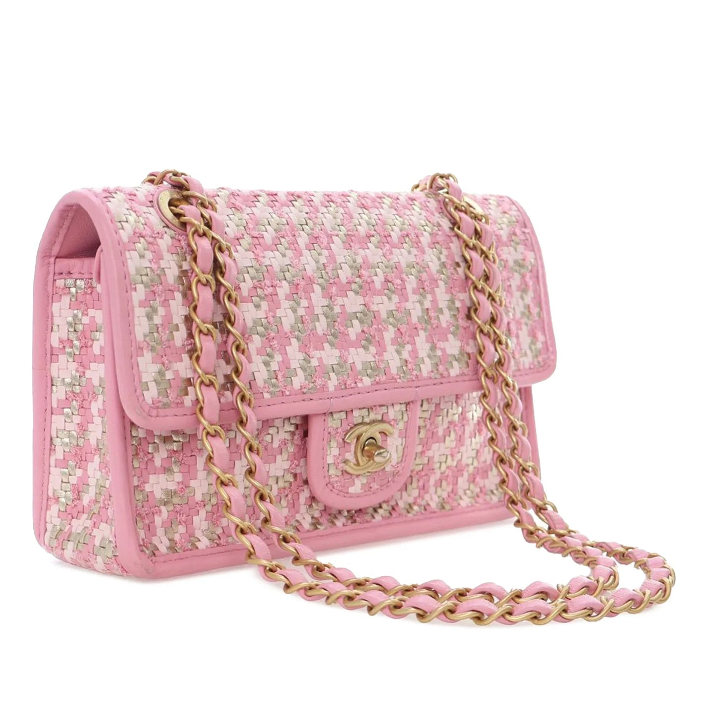 Pink Chanel Small Woven Lambskin and Viscose Single Flap Shoulder Bag