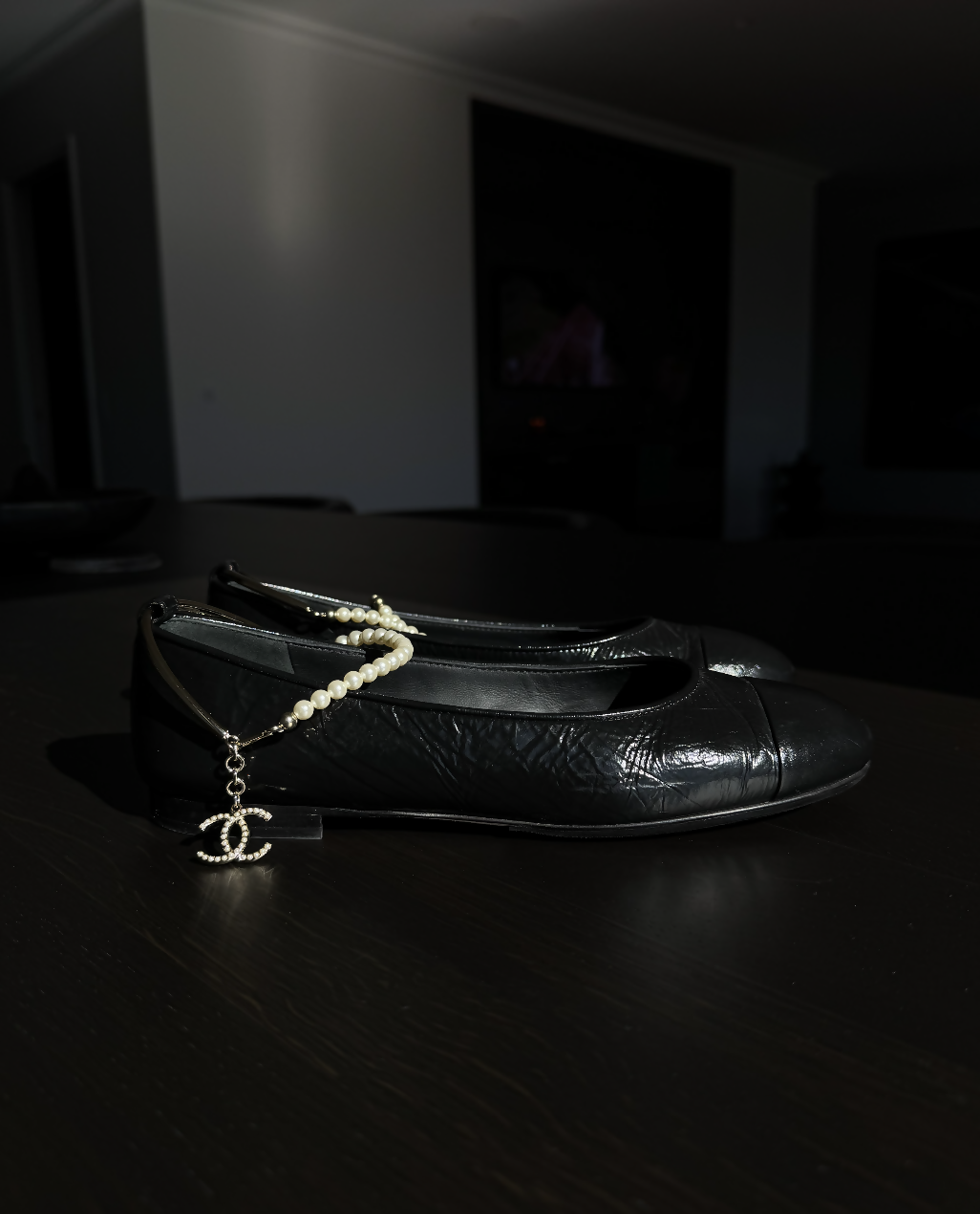 Chanel Waxed Ballet Flats with Pearl Ankle Strap – SS22