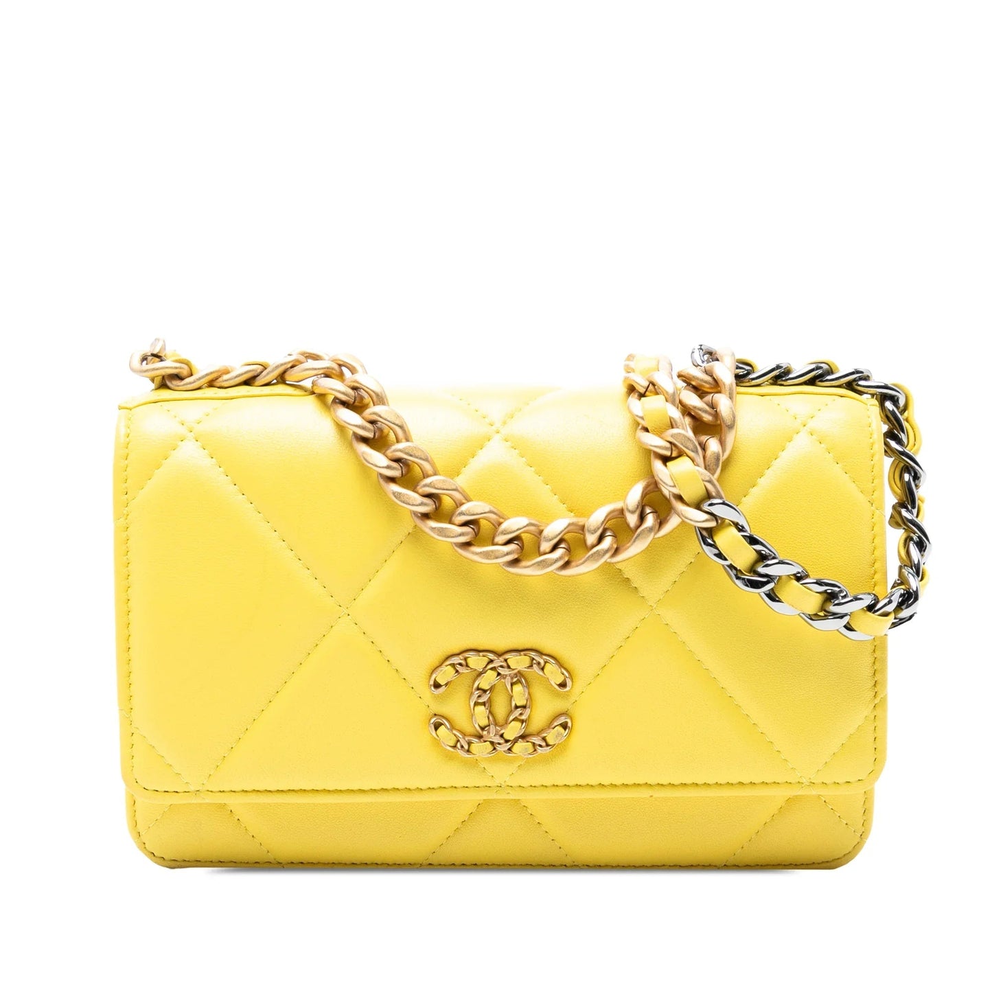 Yellow Chanel Quilted Lambskin 19 Wallet on Chain Satchel