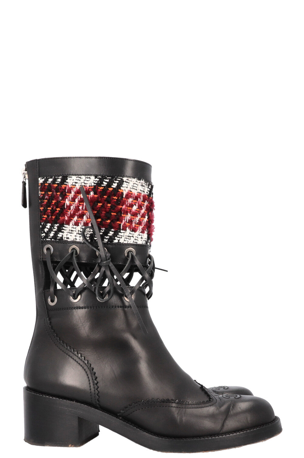 CHANEL 2016 CC Cut Out Tweed Mid Calf Boots Black