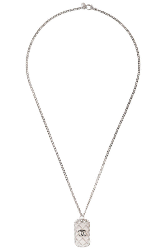 CHANEL 2009 Quilted Dog Tag CC Necklace Silver