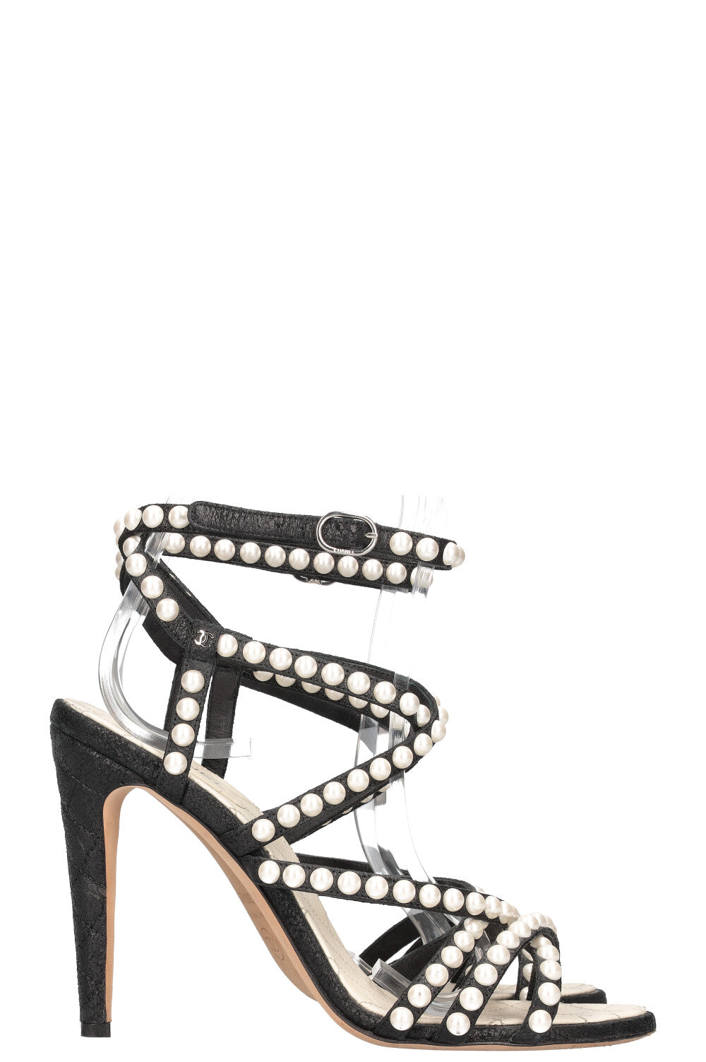 CHANEL Heels Leather Pearls Black
