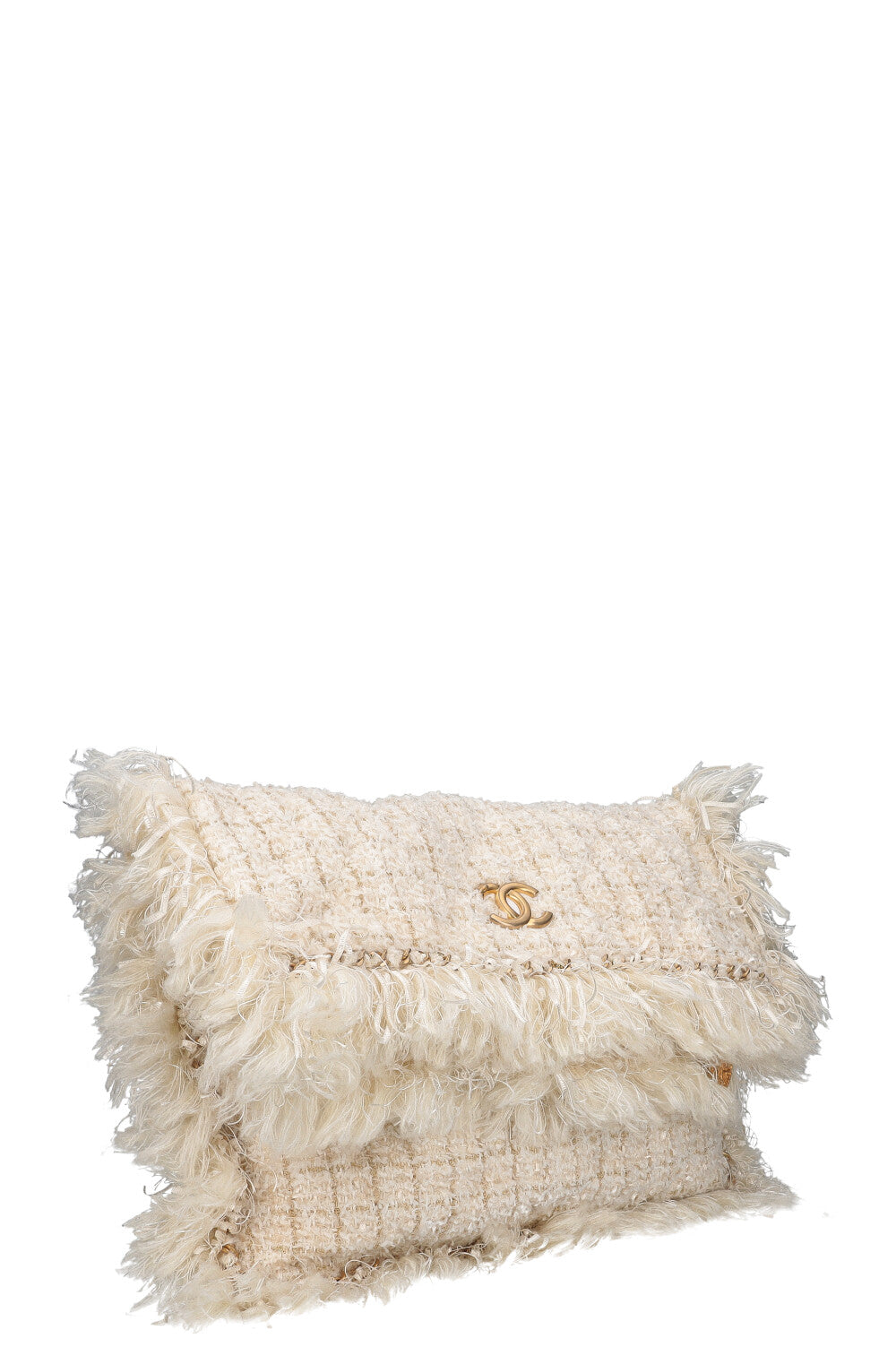 CHANEL Cosmopolite Chain Trim Tweed Clutch Off White