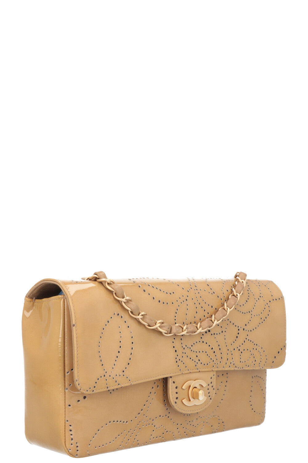 CHANEL Perforated Single Flap Patent Beige
