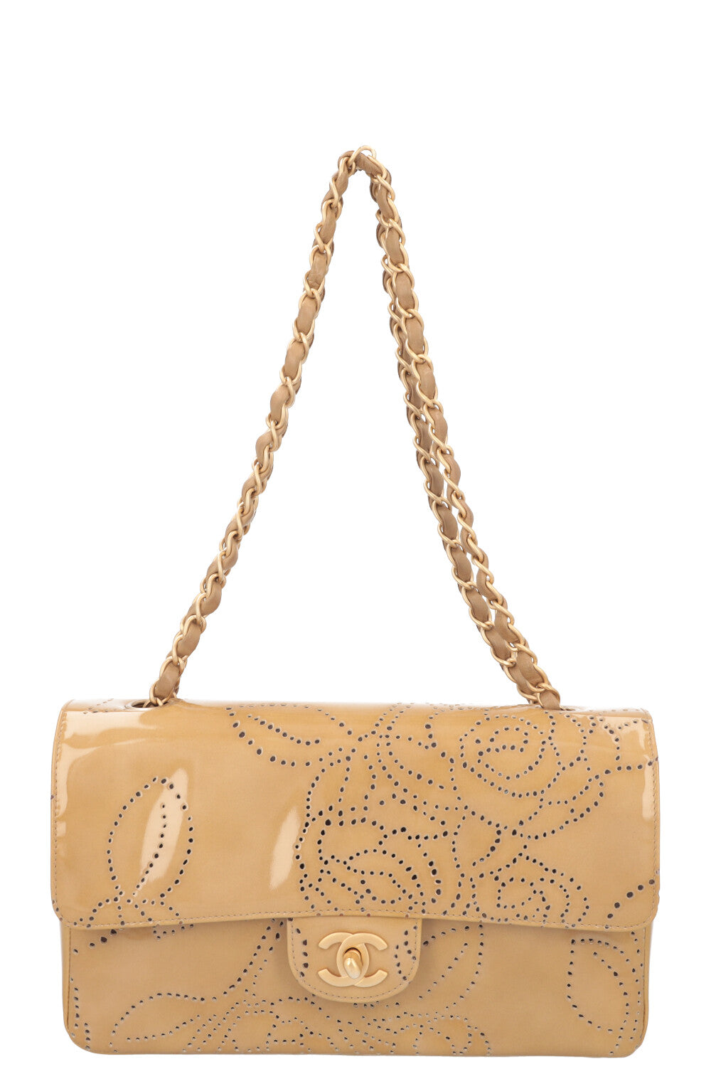 CHANEL Perforated Single Flap Patent Beige