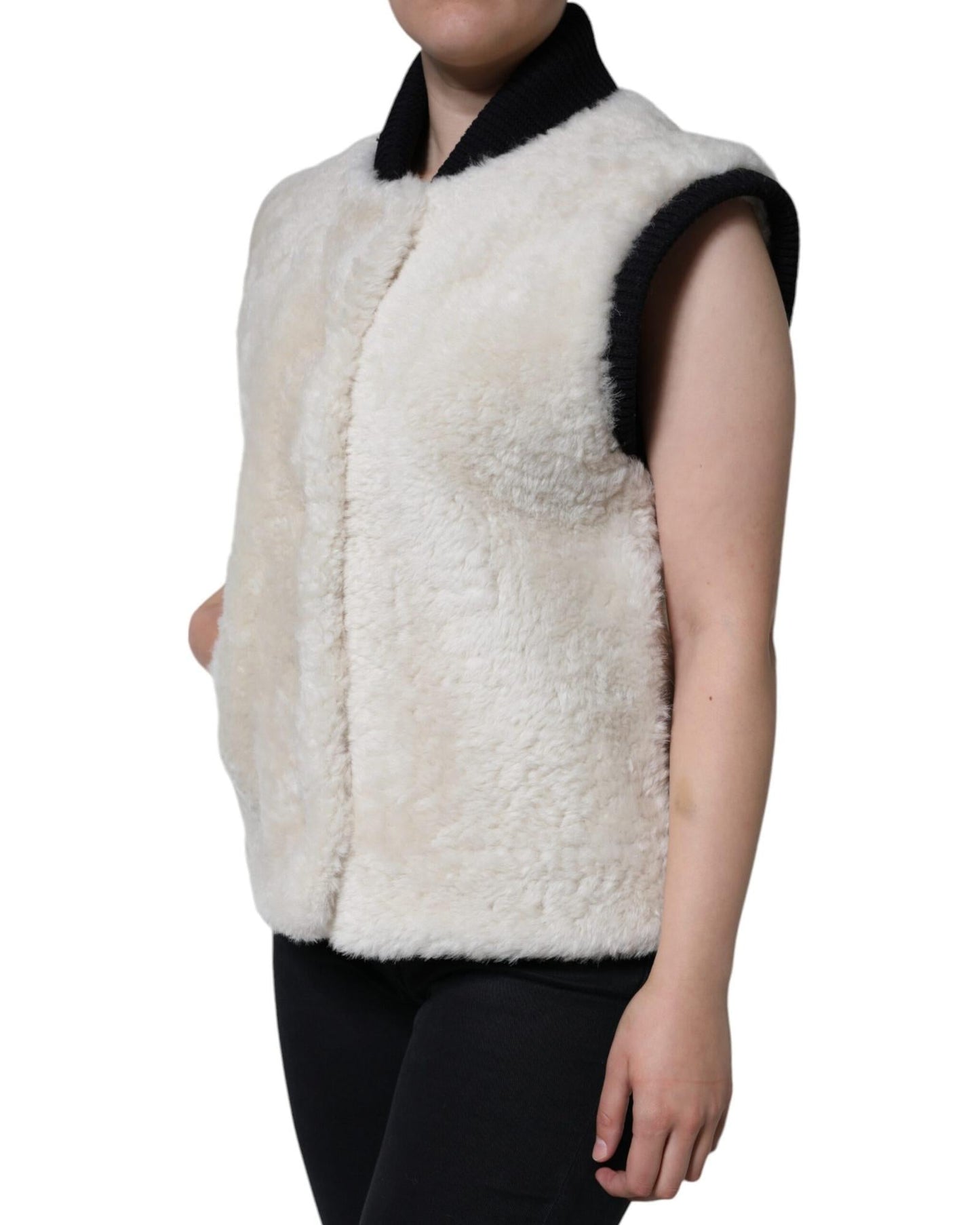 Burberry Shearling Leather Vest Coat Jacket with Front Pockets and Button Closure