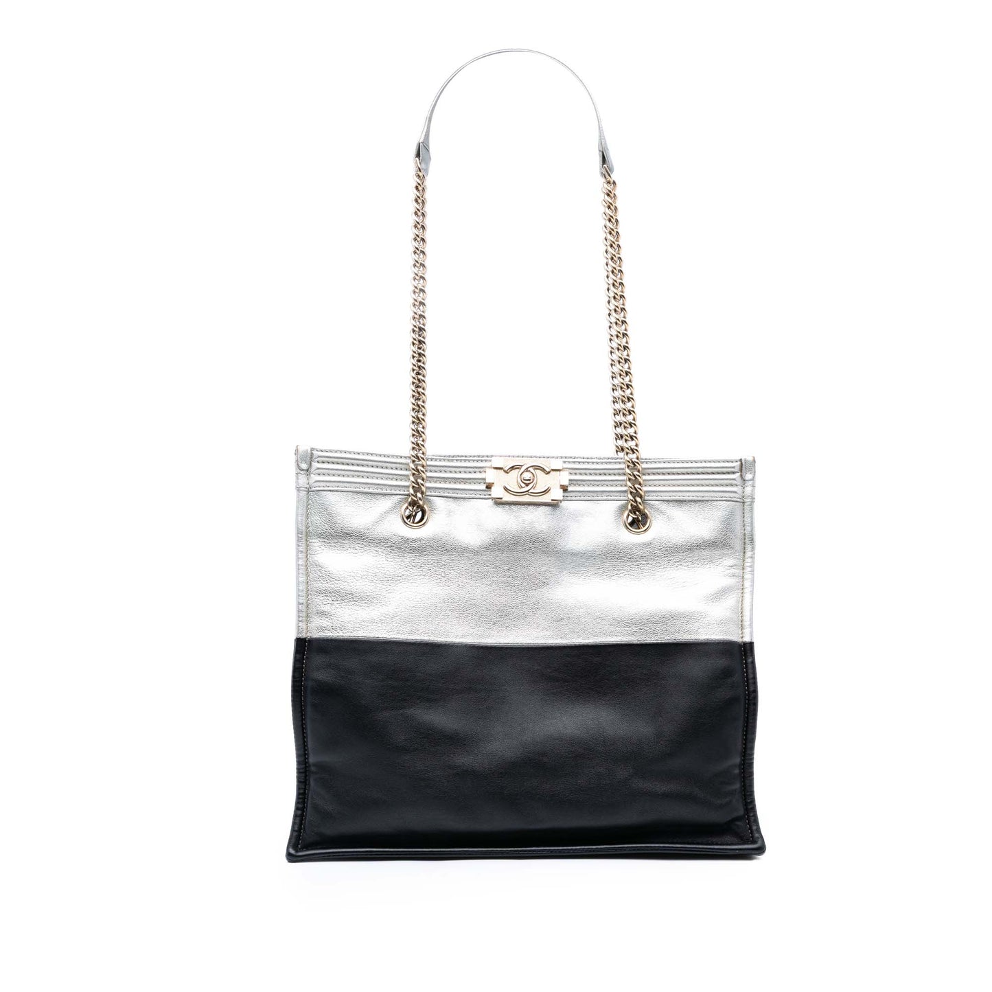 Silver Chanel Large Bicolor Metallic Goatskin and Calfskin Boy Tote