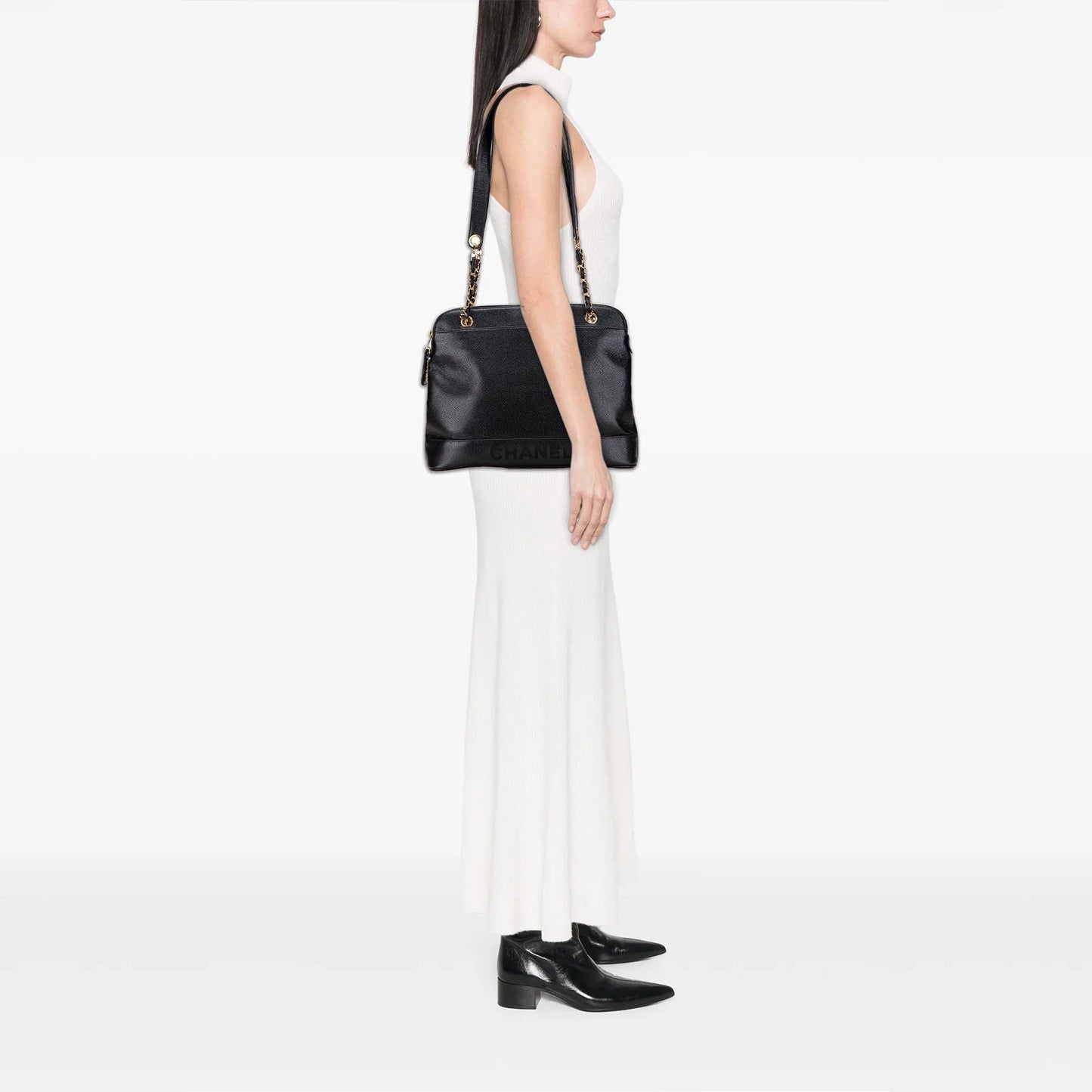 Black Chanel Caviar Logo Shoulder Bag