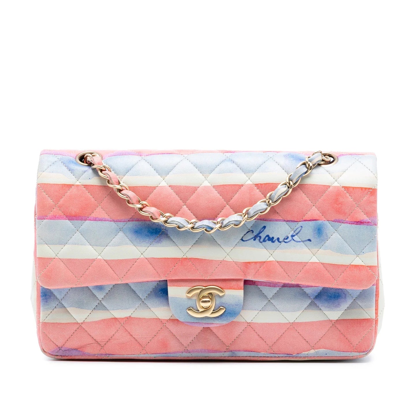 Pink Chanel Medium Classic Printed Lambskin Watercolor Double Flap Shoulder Bag