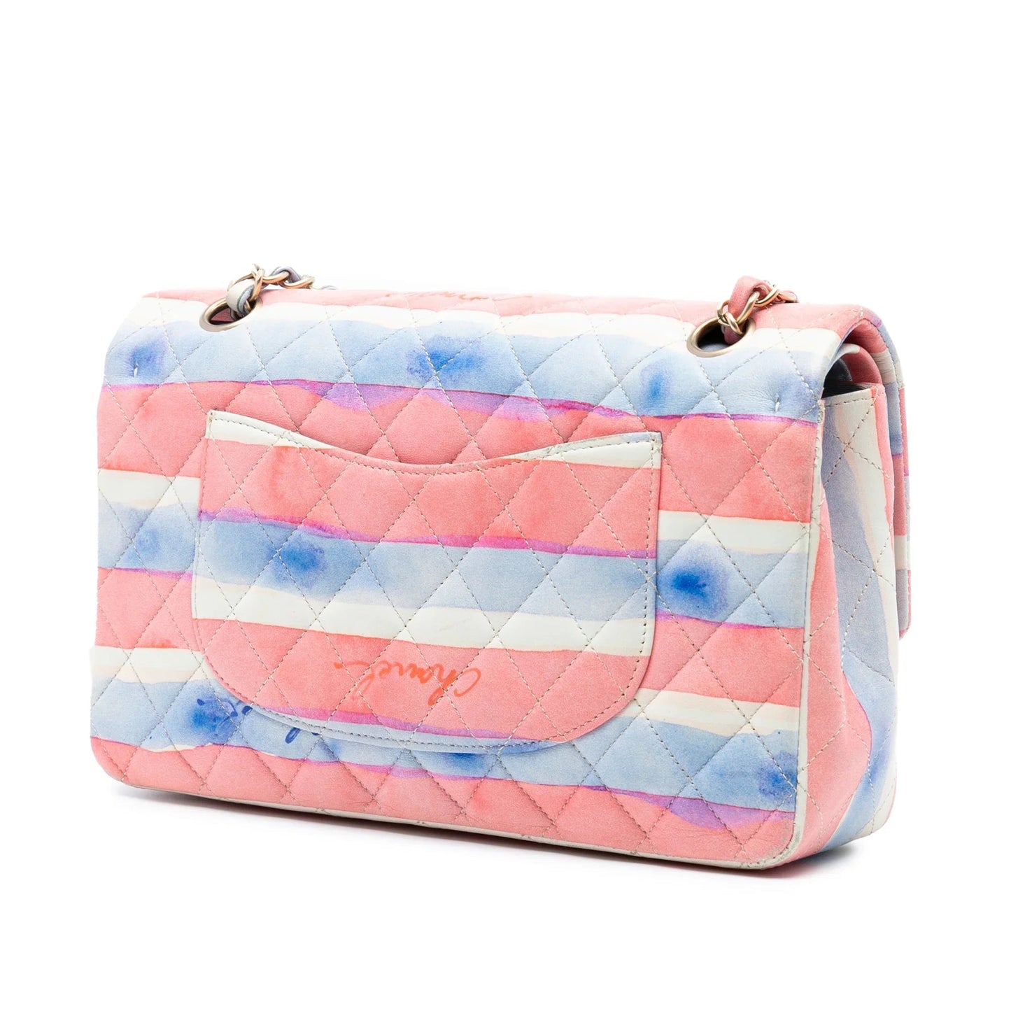 Pink Chanel Medium Classic Printed Lambskin Watercolor Double Flap Shoulder Bag