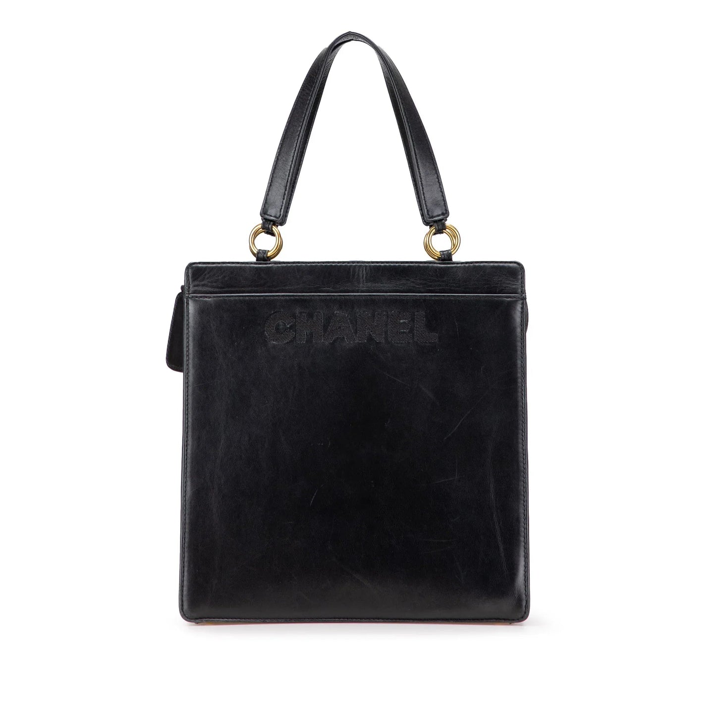 Black Chanel Lambskin Embroidered Logo Tote