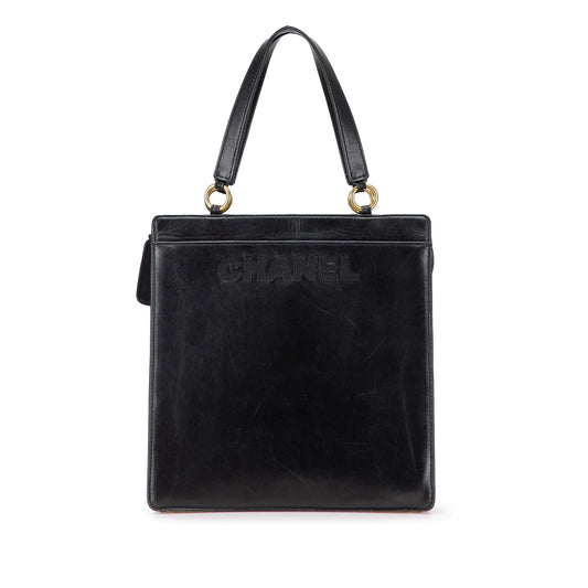 Black Chanel Lambskin Embroidered Logo Tote