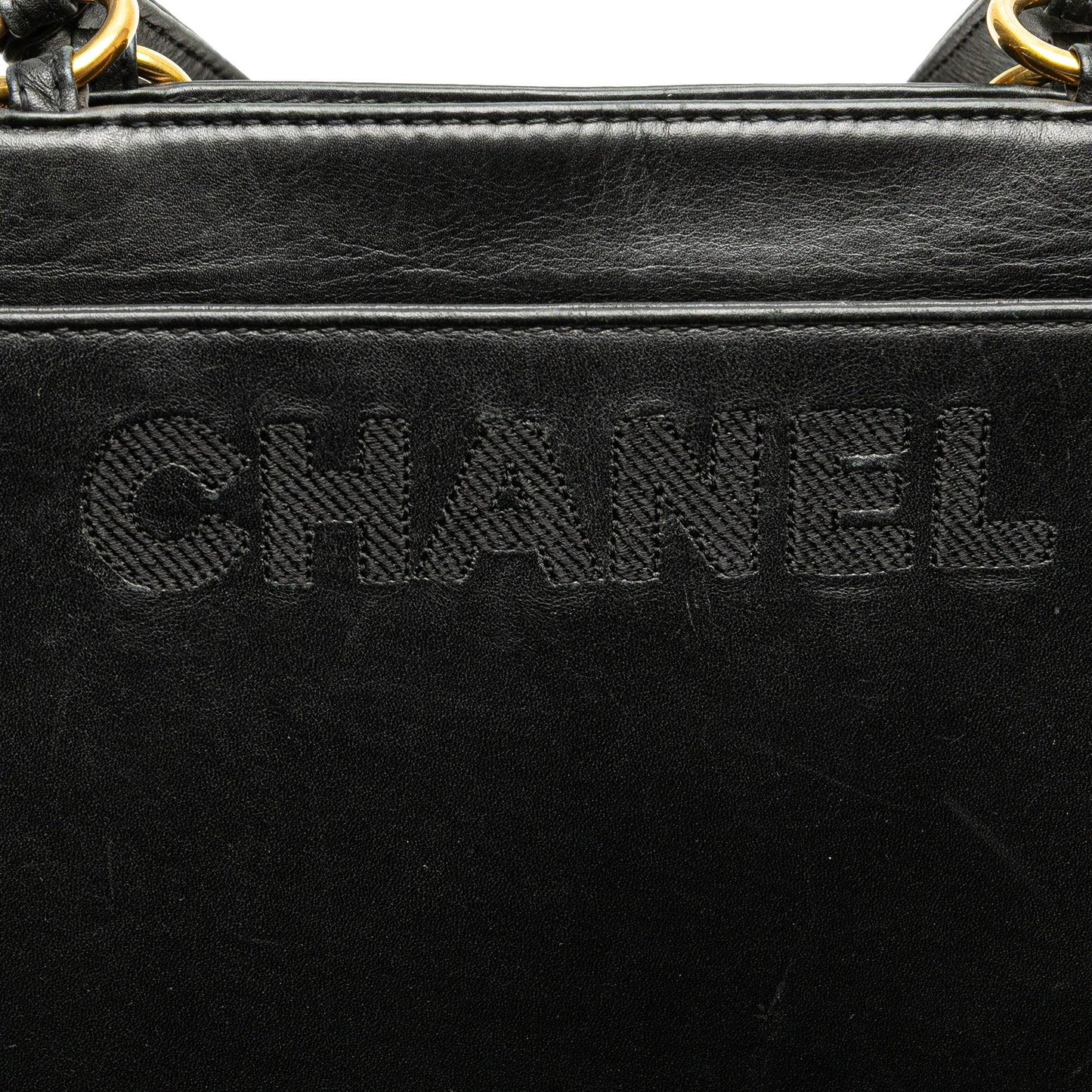 Black Chanel Lambskin Embroidered Logo Tote