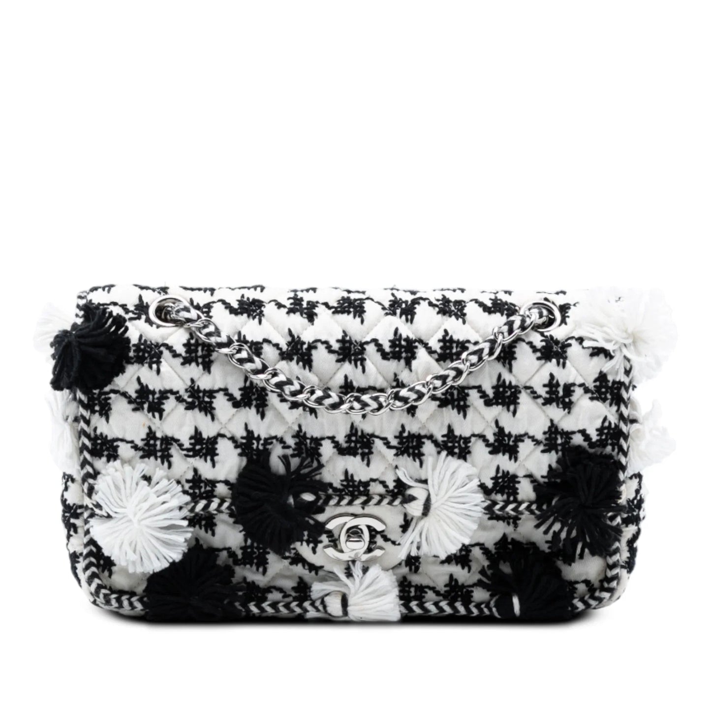 White Chanel Medium Classic Embroidered Canvas Double Flap Shoulder Bag
