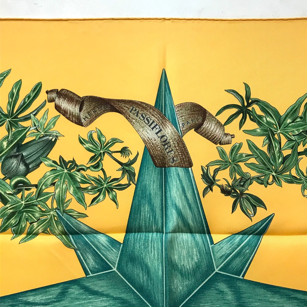 HERMES scarf silk Yellow x green Carre90 Passiflores Passion Flower Women  d