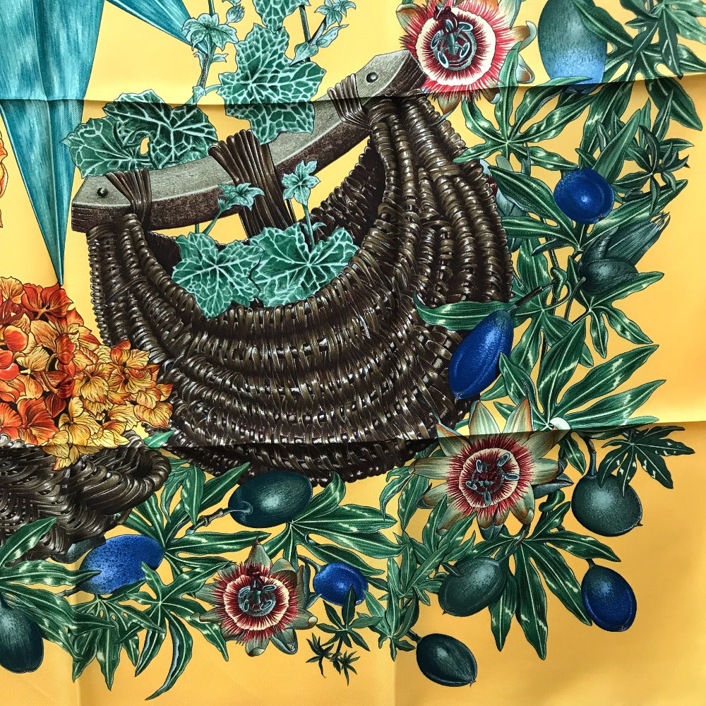 HERMES scarf silk Yellow x green Carre90 Passiflores Passion Flower Women  d