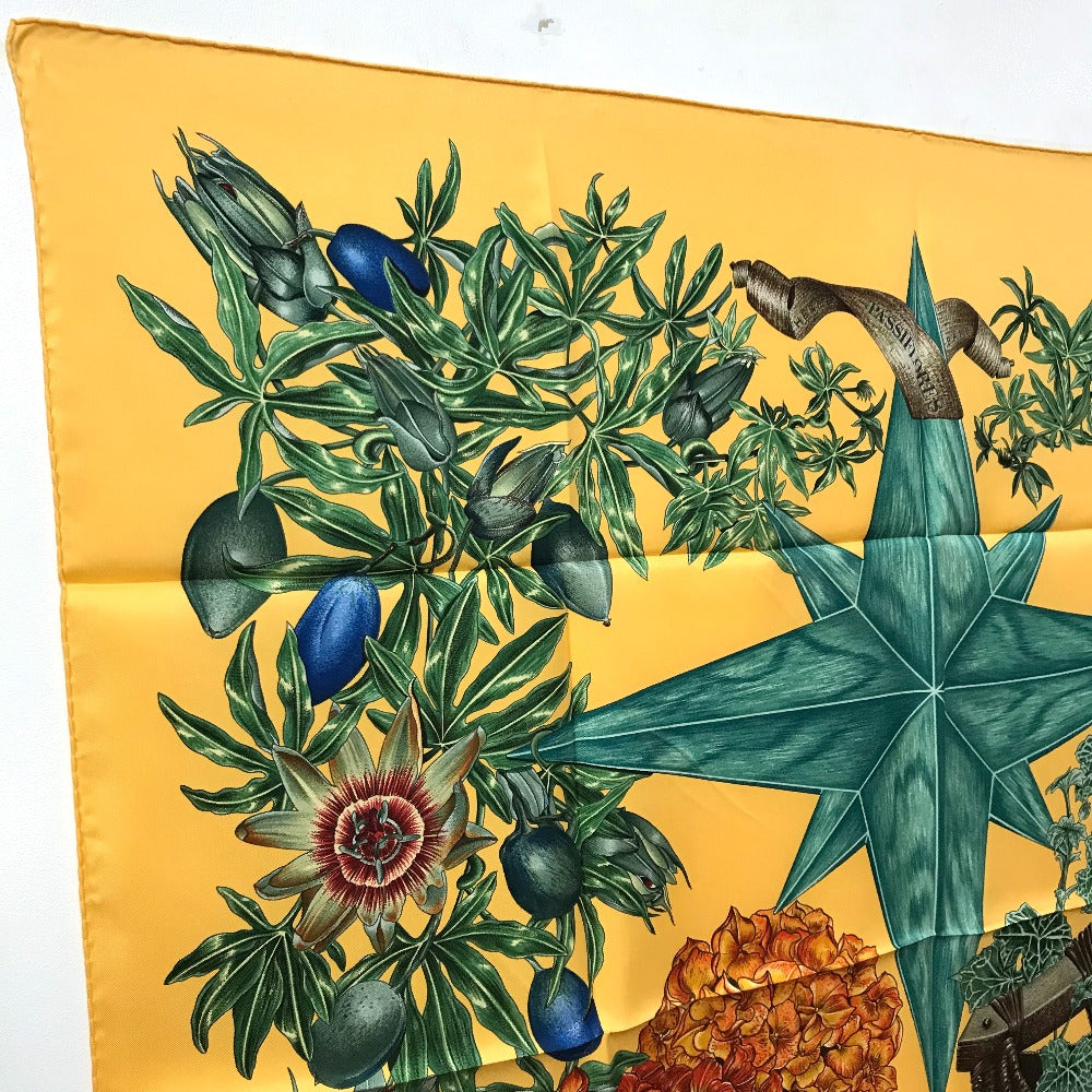 HERMES scarf silk Yellow x green Carre90 Passiflores Passion Flower Women  d